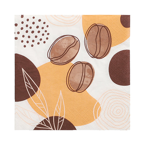 Die PAPSTAR GmbH 20 Servietten, 33 cm x 33 cm, 3-lagig aus dem Design Set 5 zeigen Kaffeebohnen, abstrakte braune und gelbe Kreise, Punktmuster und weiß umrandete Blätter auf weißem Grund.