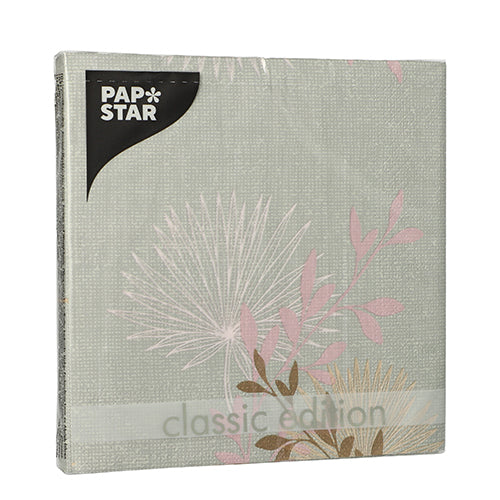 Ein Stapel PAPSTAR 20 Servietten, 33 cm x 33 cm, 3-lagig, Design Set 4 von PAPSTAR GmbH, in Kunststoffverpackung mit hellgrauem, strukturiertem Hintergrund und rosa/beigen Pflanzenabbildungen.