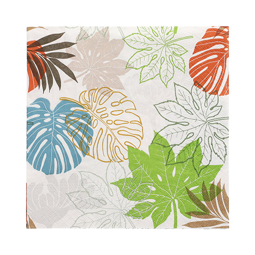 PAPSTAR GmbH 20 Servietten, 33x33 cm, 3-lagig, Design Set 1: Papier-Servietten mit tropischem Blätter-Muster in Grün, Blau, Orange, Braun und Beige auf weißem Hintergrund. Einige Blätter sind vollflächig koloriert, andere nur umrandet.
