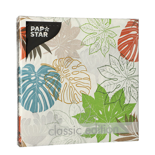 Eine Packung PAPSTAR GmbH 20 Servietten, 33x33 cm, 3-lagig, 1/4-fach gefaltet Design Set 1 Servietten mit einem bunten Blattmuster auf Weiß.