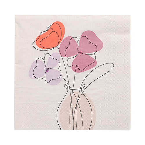 Die PAPSTAR 20 Servietten, 33 cm x 33 cm, 3-lagig von PAPSTAR GmbH zeigen eine Vase mit abstrakten roten und violetten Blumen, die schwarz umrandet sind, vor einem hellen Hintergrund.