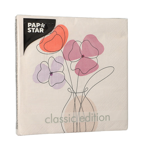 A pack of PAPSTAR 20 napkins, 33x33 cm, 3-ply, 1/4-fold from PAPSTAR GmbH, Set 1 with the motif of a vase with abstract pink and orange flowers on the front.