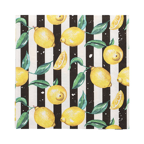 The PAPSTAR 20 napkins, 33 cm x 33 cm, 3-ply from PAPSTAR GmbH feature a black and white stripe design with yellow lemons, slices, and green leaves scattered across the surface.