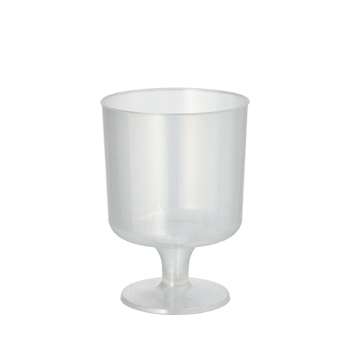 A clear, unbreakable polypropylene cup Starpak 10 reusable stem glasses with a wide base, narrow stem, and cylindrical cup from Starpak is depicted empty against a plain white background.