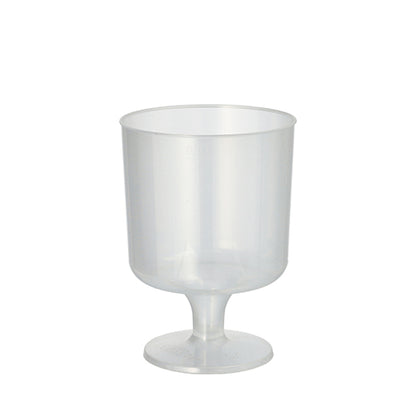 A clear, unbreakable polypropylene cup Starpak 10 reusable stem glasses with a wide base, narrow stem, and cylindrical cup from Starpak is depicted empty against a plain white background.
