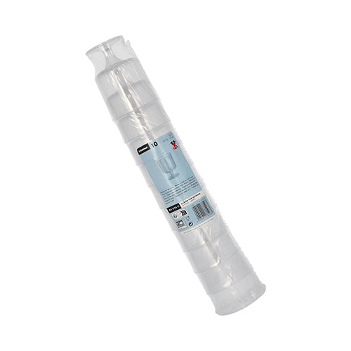 Ein Stapel durchsichtiger, unzerbrechlicher Starpak 10 Mehrweg-Stiel-Gläser aus Polypropylen, verpackt in einer transparenten Verpackung mit einem blau-weißen Etikett mit der Marke Starpak, Produktinformationen und Barcode.