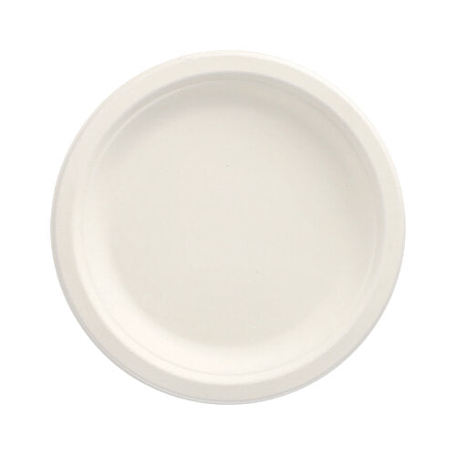 Depicted is a PAPSTAR 50 sugarcane "pure" plates from PAPSTAR GmbH against a white background. The simple, round, white plate has a slightly raised edge and is free of patterns or decorations.