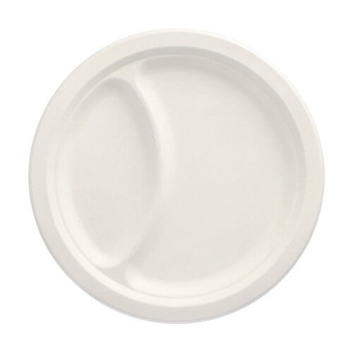 Der PAPSTAR 50 Teller Zuckerrohr „pure“ weiss von PAPSTAR GmbH ist ein nachhaltiger, weißer Einwegteller mit zwei separaten Fächern und besteht aus Zuckerrohr; von oben auf einfachem Hintergrund abgebildet.
