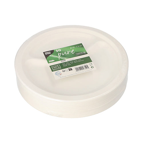 Ein Stapel runder, weißer Einwegteller „pure“ der PAPSTAR GmbH 50 Teller Zuckerrohr mit drei Fächern, in Folie eingewickelt mit grün-weißem „50 Pure“-Etikett und Umweltsymbolen.