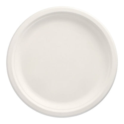 A simple, round, white PAPSTAR 50 sugarcane "pure" plates from PAPSTAR GmbH is photographed from above on a white background. The eco-friendly disposable plate has a slightly raised edge and no decorations or markings.