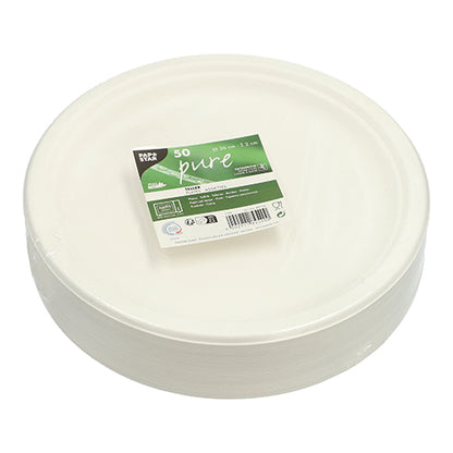 A stack of round, white PAPSTAR 50 sugarcane "pure" plates is packaged in plastic and bears a green-white label on top with the brand PAPSTAR GmbH and a note that the package contains 50 eco-friendly plates.