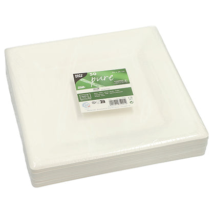 A stack of PAPSTAR 50 plates made of sugarcane "pure", sustainable and compostable, from PAPSTAR GmbH, packed in plastic. The green-white label on top shows product information and the number 50.
