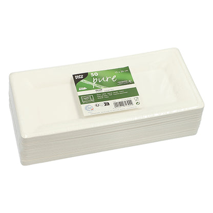 A stack of PAPSTAR 50 plates, sugarcane "pure" from PAPSTAR GmbH - rectangular white disposable plates made from sustainable sugarcane, wrapped in plastic with a green-white "50 Pure" label; biodegradable and ideal for eco-friendly catering.