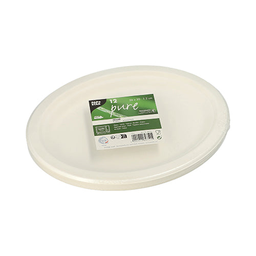Ein ovaler weißer Einwegteller aus Zuckerrohr von PAPSTAR GmbH mit „pure“-Label und Barcode liegt auf weißem Hintergrund; Produktname: PAPSTAR 12 Teller, Zuckerrohr „pure“ oval.