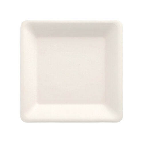 A "pure" square white plate from PAPSTAR GmbH made from eco-friendly sugarcane, biodegradable, from the set of 12, photographed from above on a white background.
