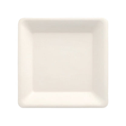 A "pure" square white plate from PAPSTAR GmbH made from eco-friendly sugarcane, biodegradable, from the set of 12, photographed from above on a white background.