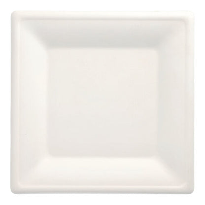 The PAPSTAR 12 sugarcane plates "pure" square, white by PAPSTAR GmbH is a white, square plate with a slightly raised edge. Made from sugarcane, its eco-friendly design is ideal for modern, environmentally conscious households.