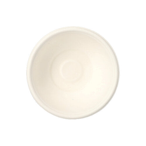 Eine schlichte, runde, weiße Schale von oben gesehen auf weißem Hintergrund, die an die einfache PAPSTAR 50 Schalen „pure“ weiss aus nachhaltig angebautem Zuckerrohr der PAPSTAR GmbH erinnert.