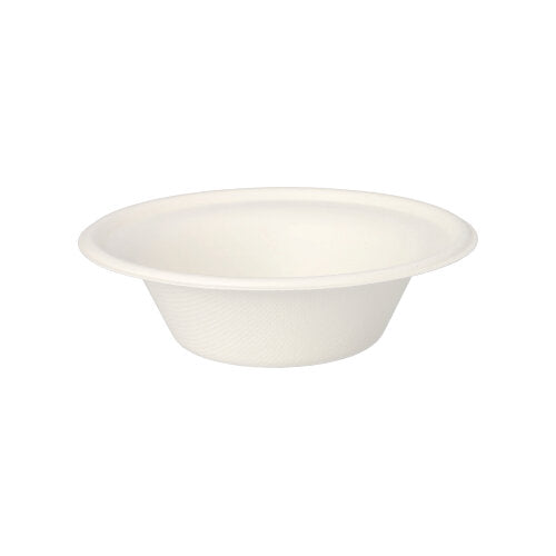 Die PAPSTAR GmbH 50 Schalen, Zuckerrohr „pure“ weiss sind schlichte, weiße Einwegschalen mit breitem Rand, hergestellt aus biologisch abbaubarem und nachhaltigem Zuckerrohr, dargestellt vor weißem Hintergrund.