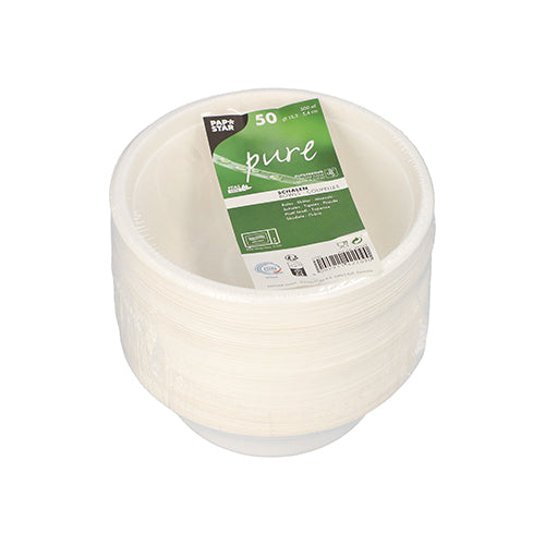 Ein Stapel PAPSTAR 50 Schalen aus weißem Zuckerrohr, biologisch abbaubar und nachhaltig, in Plastik mit grün-weißem „pure“-Label verpackt. Das PAPSTAR GmbH-Etikett enthält Produkt- und Markeninfos.