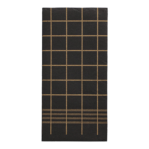 Die 30 Servietten "PUNTO" 2-lagig, 1/8-Falz, schwarz mit goldenem Gitter- und Banddesign (39x40 cm) der PAPSTAR GmbH sind Teil der hochwertigen Servietten-Kollektion und verfügen über eine Küchenhandtuch-Mikroprägung.