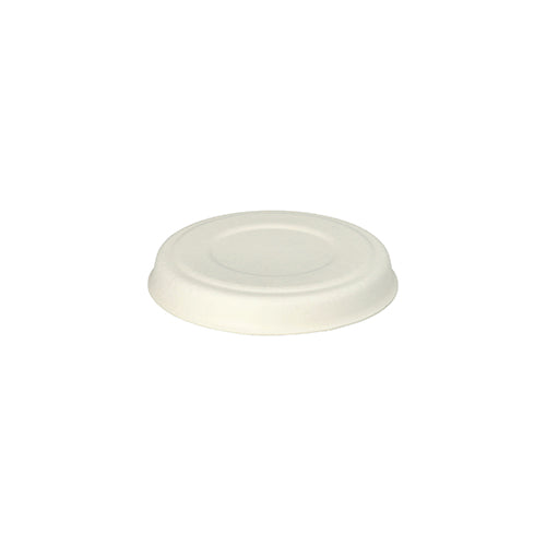 A simple, round, white disposable lid made of eco-friendly sugarcane from PAPSTAR GmbH, viewed from above. Product: PAPSTAR 50 lids for sugarcane dressing bowls "pure" white.