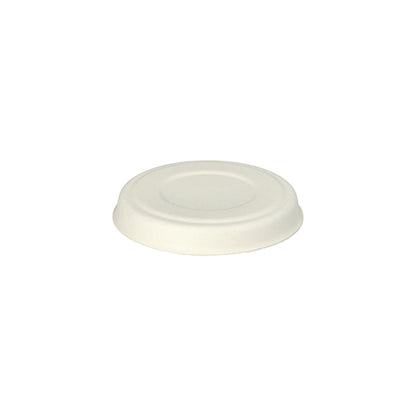 A simple, round, white disposable lid made of eco-friendly sugarcane from PAPSTAR GmbH, viewed from above. Product: PAPSTAR 50 lids for sugarcane dressing bowls "pure" white.