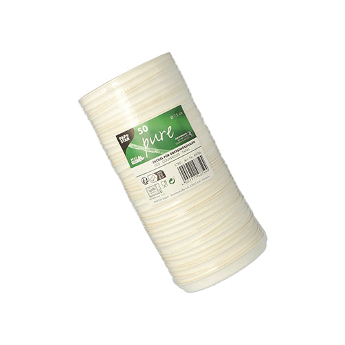 Ein Stapel von 50 PAPSTAR „pure“ weißen Deckeln für Dressingschalen aus Zuckerrohr der PAPSTAR GmbH, in einer Kunststoffverpackung mit grün-weißem Etikett mit Produktinformationen und Recyclingsymbolen.