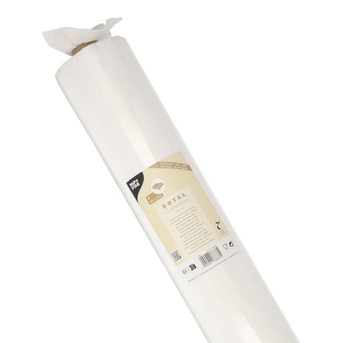 Eine Rolle PAPSTAR Tischdecke, stoffähnlich, PV-Tissue Mix „ROYAL Collection“ (20 m x 1,18 m) der PAPSTAR GmbH ist mit einem beigen Etikett mit Produktdetails, Anwendungshinweisen und vor weißem Hintergrund fotografiert.