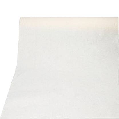 A roll of PAPSTAR tablecloth, fabric-like, PV-Tissue Mix "ROYAL Collection" (20 m x 1.18 m) from PAPSTAR GmbH is smoothly rolled out on a white surface and has a solid white background below.