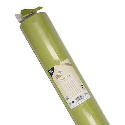 A roll of PAPSTAR tablecloth, fabric-like, PV-Tissue Mix "ROYAL Collection" (20m x 1.18m) from PAPSTAR GmbH is depicted upright in light green with a glossy surface. A beige label with product details is attached; the top of the roll is slightly unpacked.