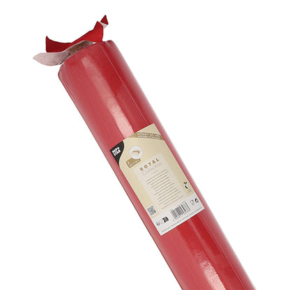 A roll of tablecloth "ROYAL Collection" from PAPSTAR GmbH, 20 m x 1.18 m, in red color with a beige label and partially rolled-up top edge, made of high-quality PV-Tissue Mix for a fabric-like feel.