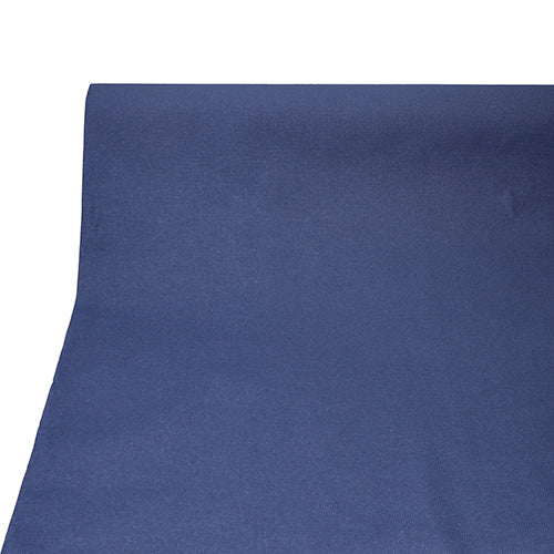 A close-up of the PAPSTAR tablecloth, fabric-like, PV-Tissue Mix "ROYAL Collection" (20 m x 1.18 m) from PAPSTAR GmbH, rolled out in dark blue against a white background.