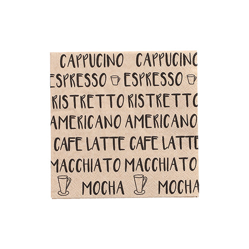 Die 20 PAPSTAR Servietten (25 x 25 cm, 3-lagig, 1/4-Falz) der PAPSTAR GmbH zeigen wiederholte Namen von schwarzen Kaffeegetränken und Tassenbilder auf Beige für zusätzlichen Stil und Haltbarkeit.
