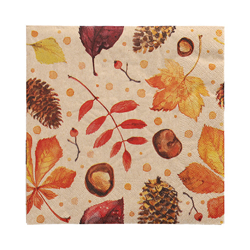 The PAPSTAR GmbH 20 napkins are 33x33 cm, 3-ply, and quarter-folded with an autumn motif of pinecones, acorns, chestnuts, red berries, and orange-yellow leaves on a beige background with yellow dots.