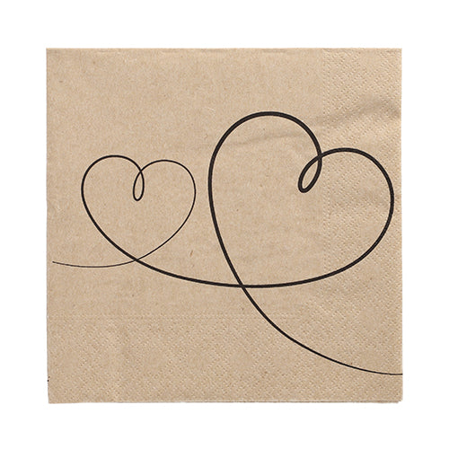 The PAPSTAR GmbH 20 napkins (33x33 cm, 3-ply, 1/4-folded, natural) feature two black-bordered heart shapes - one small and one large - connected by a curved line; ideal natural napkins with a charming design.