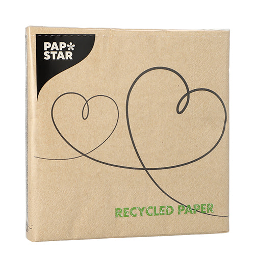 On a brown package with the inscription "PAPSTAR" in the corner with two heart outlines and "RECYCLED PAPER" is PAPSTAR 20 napkins, 33x33 cm, 3-ply, natural, from PAPSTAR GmbH.