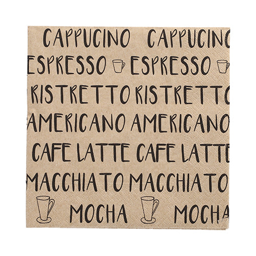 Die 20 Servietten der PAPSTAR GmbH (33x33 cm, 3-lagig, 1/4-Falz, natur) sind mit schwarzer Kaffeeschrift und Tassenmotiven versehen - stilvolle Servietten für Cafés und Kaffeeliebhaber.