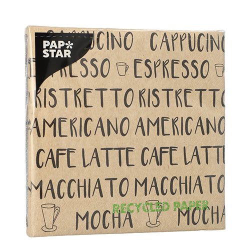 A natural-colored package PAPSTAR GmbH 20 napkins (33cm x 33cm, 3-ply, 1/4-folded) is adorned with names of coffee drinks, "RECYCLED PAPER" in green, small coffee cup illustrations, and made from natural paper.