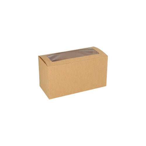 The PAPSTAR 25 cupcake box, square (10 cm) made of brown cardboard with PLA viewing window from PAPSTAR GmbH, is biodegradable and is shown against a white background.