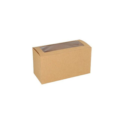 The PAPSTAR 25 cupcake box, square (10 cm) made of brown cardboard with PLA viewing window from PAPSTAR GmbH, is biodegradable and is shown against a white background.