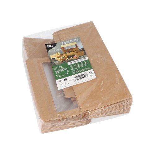 A pack of 25 PAPSTAR cupcake boxes square 10 cm with PLA viewing window from PAPSTAR GmbH, wrapped in plastic, with a top label showing the assembled boxes, product details, and recycling symbols.