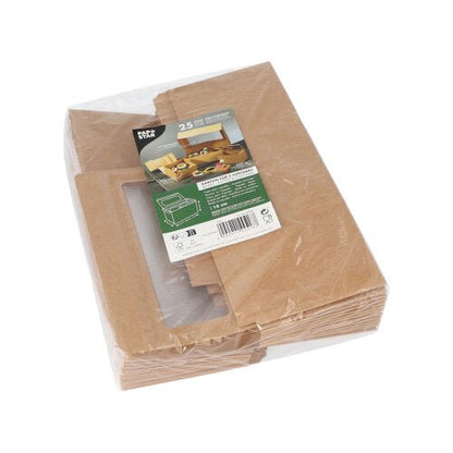 A pack of 25 PAPSTAR cupcake boxes square 10 cm with PLA viewing window from PAPSTAR GmbH, wrapped in plastic, with a top label showing the assembled boxes, product details, and recycling symbols.