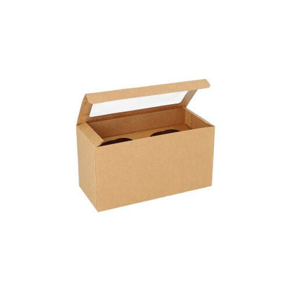 A PAPSTAR 25 cupcake boxes square 10 cm with PLA viewing window from PAPSTAR GmbH lies open on a white background and shows two round compartments inside.
