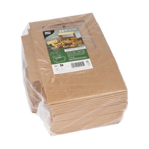 A stack of PAPSTAR 25 cupcake boxes square 10 cm with PLA viewing window, from PAPSTAR GmbH, biodegradable and wrapped in foil, with a label on the window along with product info and application image.