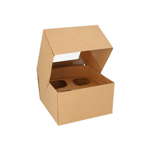 Ein PAPSTAR 25 Cupcake-Kartons eckig 10 cm mit Sichtfenster aus PLA der PAPSTAR GmbH ist geöffnet und zeigt vier runde Schlitze für Cupcakes. Die biologisch abbaubare Box besticht durch ihr schlichtes Design und ein klares Sichtfenster auf weißem Hintergrund.