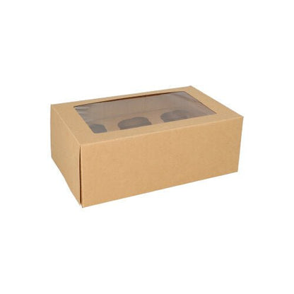 The PAPSTAR 25 cupcake box (square, 10 cm) from PAPSTAR GmbH is made of brown cardboard, is biodegradable, and features a clear PLA viewing window on the top. The box stands on a white background.