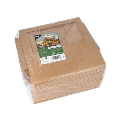 A stack of PAPSTAR 25 cupcake boxes square 10 cm with PLA viewing window, flat and wrapped in foil. The product label of PAPSTAR GmbH with images and text is visible on top of the biodegradable box.