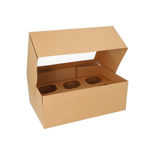 The PAPSTAR 25 cupcake boxes square 10 cm with PLA viewing window from PAPSTAR GmbH are biodegradable, kept in plain brown and have four slots for cupcakes or muffins. One box is partially open.