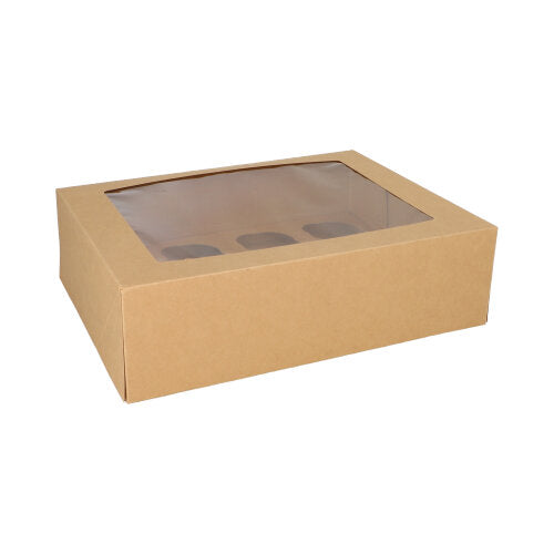 Der PAPSTAR 25 Cupcake-Karton eckig (10 cm) aus brauner Pappe von PAPSTAR GmbH verfügt über ein transparentes PLA-Sichtfenster und steht geschlossen auf weißem Hintergrund.